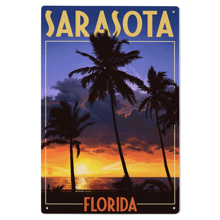 Sarasota, Florida, Palms & Sunset, Lantern Press Artwork, Wood Signs and Postcards Wood Lantern Press