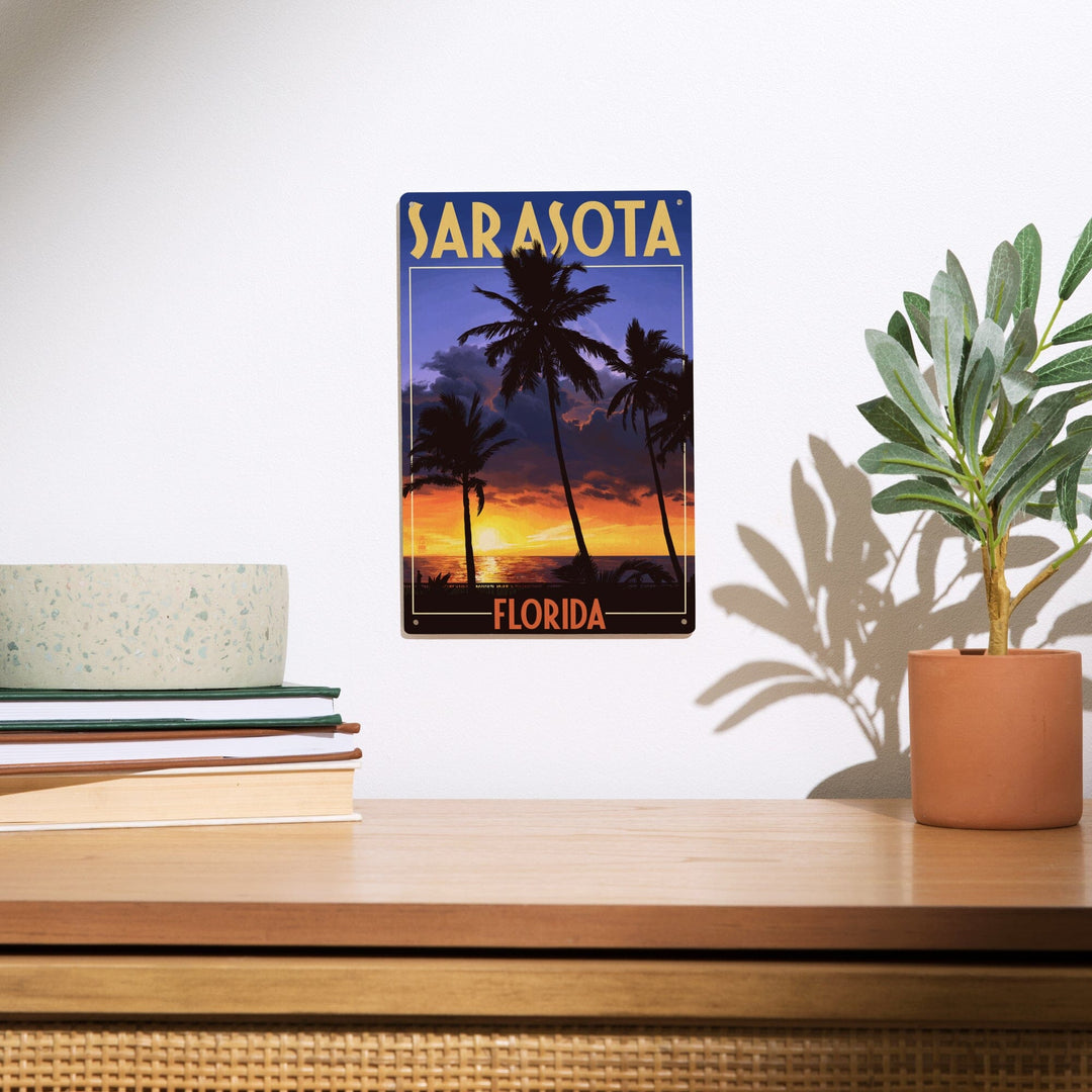 Sarasota, Florida, Palms & Sunset, Lantern Press Artwork, Wood Signs and Postcards Wood Lantern Press