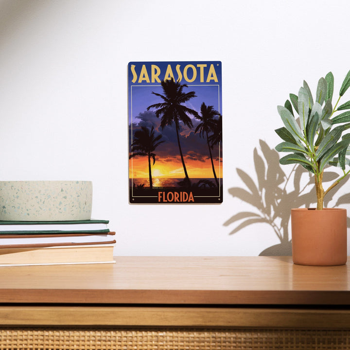 Sarasota, Florida, Palms & Sunset, Lantern Press Artwork, Wood Signs and Postcards Wood Lantern Press