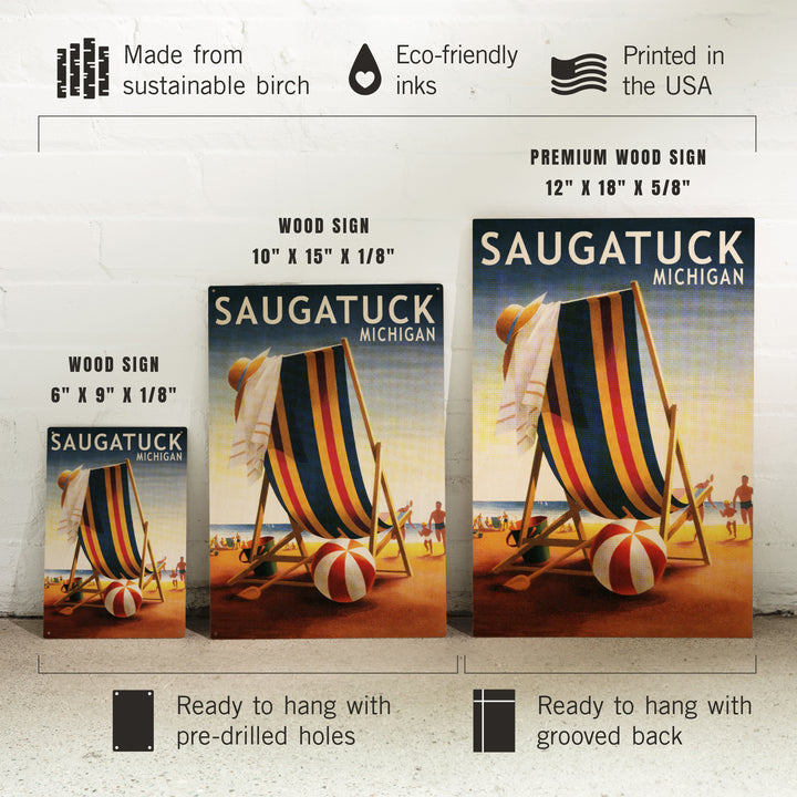 Saugatuck, Michigan, Beach Chair and Ball, Wood Signs and Postcards Wood Lantern Press