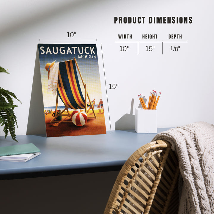 Saugatuck, Michigan, Beach Chair and Ball, Wood Signs and Postcards Wood Lantern Press