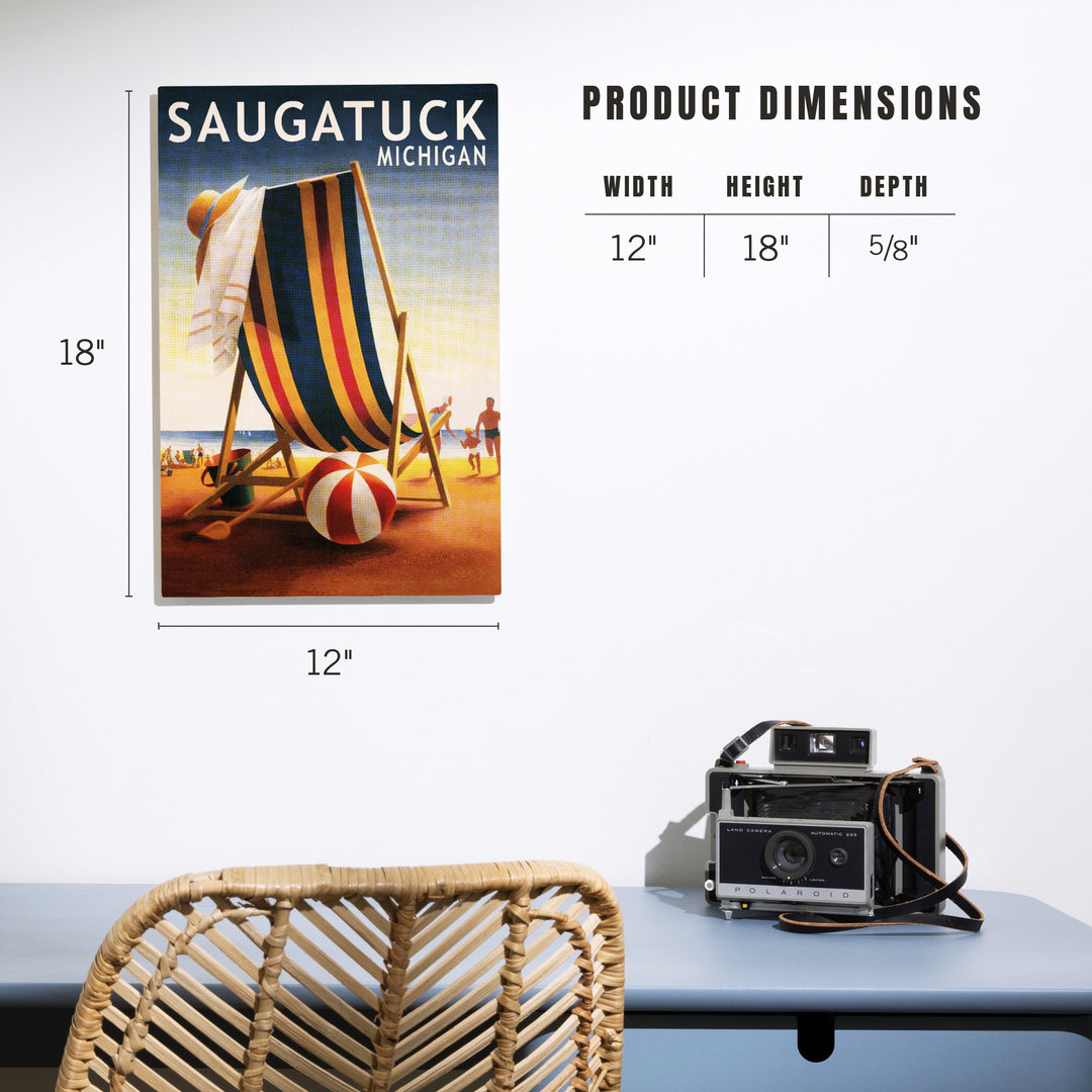 Saugatuck, Michigan, Beach Chair and Ball, Wood Signs and Postcards Wood Lantern Press