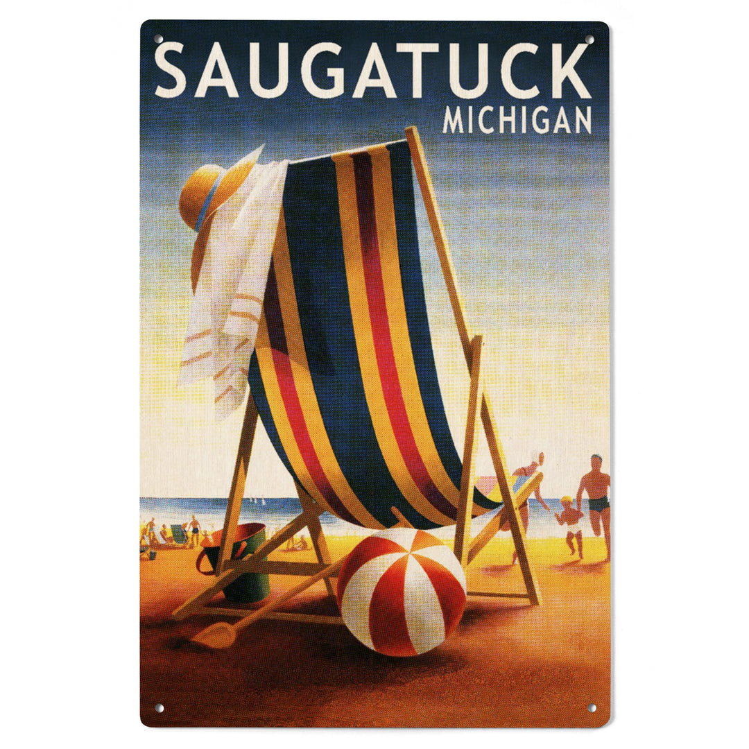 Saugatuck, Michigan, Beach Chair and Ball, Wood Signs and Postcards Wood Lantern Press