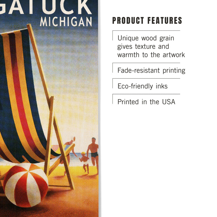 Saugatuck, Michigan, Beach Chair and Ball, Wood Signs and Postcards Wood Lantern Press