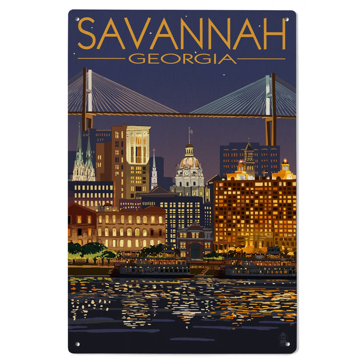 Savannah, Georgia at Night, Lantern Press Artwork, Wood Signs and Postcards Wood Lantern Press