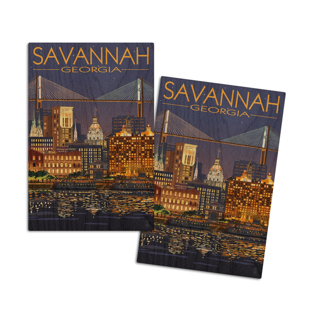 Savannah, Georgia at Night, Lantern Press Artwork, Wood Signs and Postcards Wood Lantern Press 4x6 Wood Postcard Set