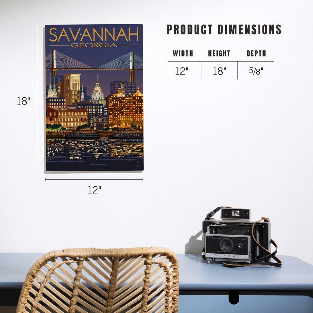 Savannah, Georgia at Night, Lantern Press Artwork, Wood Signs and Postcards Wood Lantern Press
