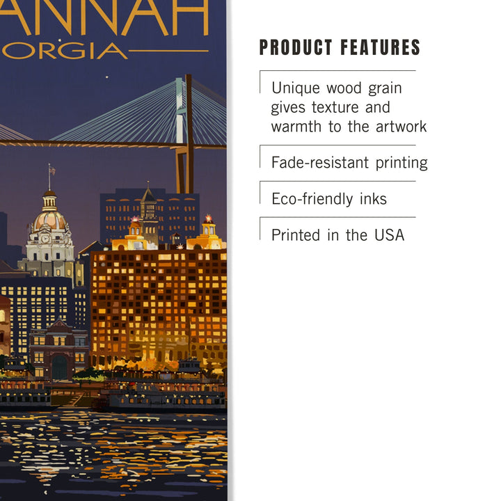 Savannah, Georgia at Night, Lantern Press Artwork, Wood Signs and Postcards Wood Lantern Press