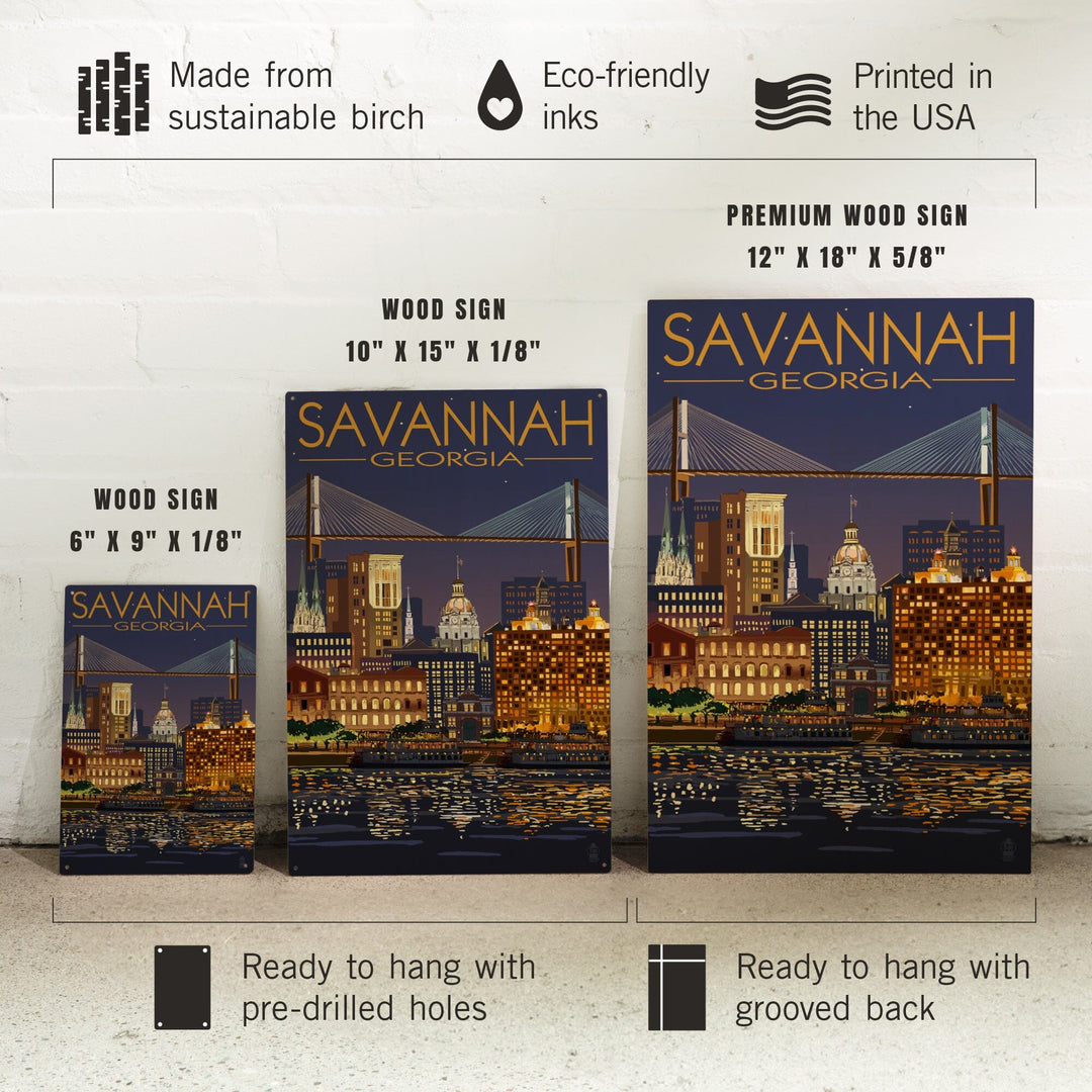 Savannah, Georgia at Night, Lantern Press Artwork, Wood Signs and Postcards Wood Lantern Press