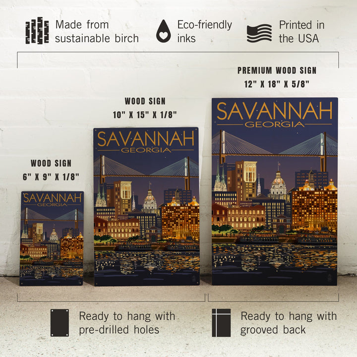 Savannah, Georgia at Night, Lantern Press Artwork, Wood Signs and Postcards Wood Lantern Press
