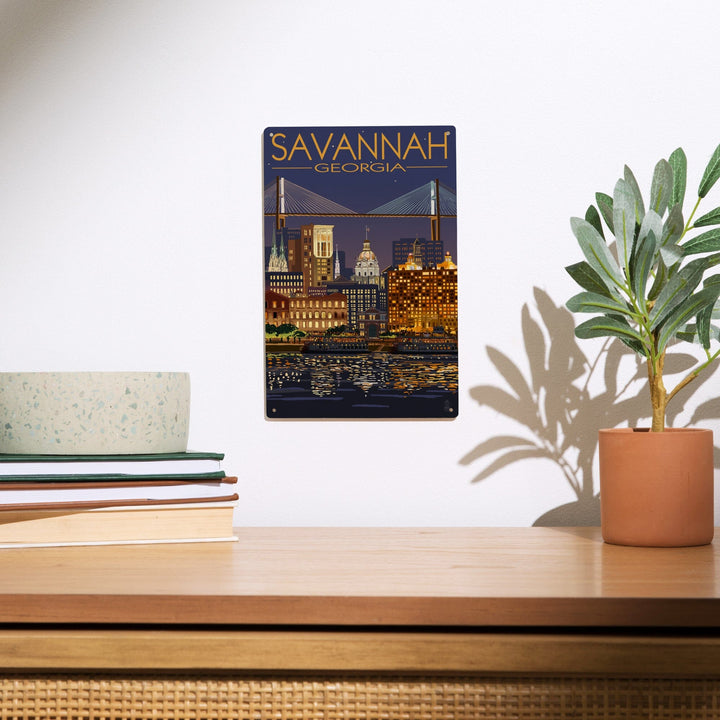 Savannah, Georgia at Night, Lantern Press Artwork, Wood Signs and Postcards Wood Lantern Press