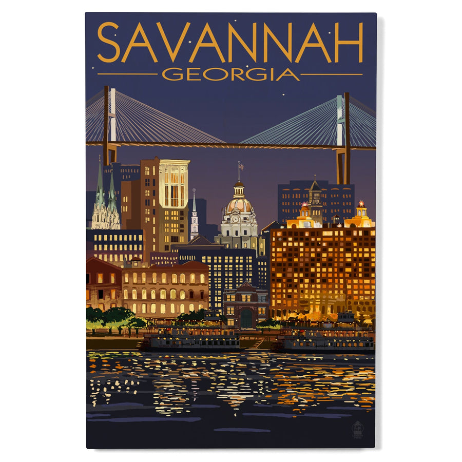Savannah, Georgia at Night, Lantern Press Artwork, Wood Signs and Postcards Wood Lantern Press