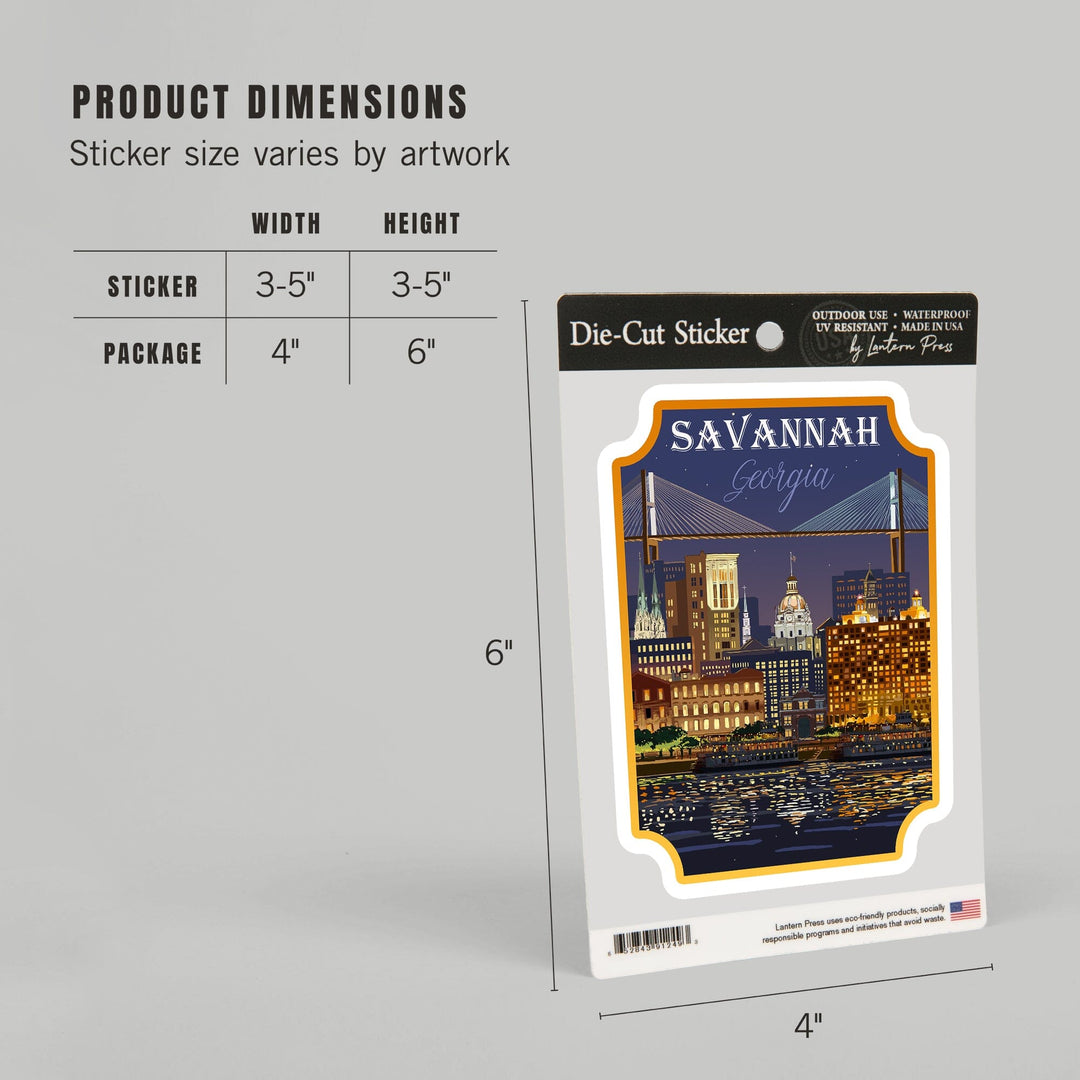 Savannah, Georgia, City at Night, Contour, Lantern Press Artwork, Vinyl Sticker Sticker Lantern Press