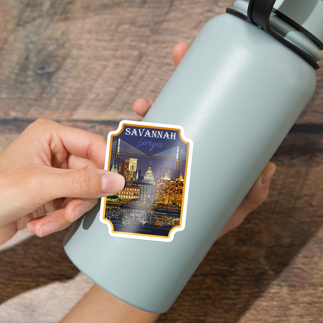 Savannah, Georgia, City at Night, Contour, Lantern Press Artwork, Vinyl Sticker Sticker Lantern Press