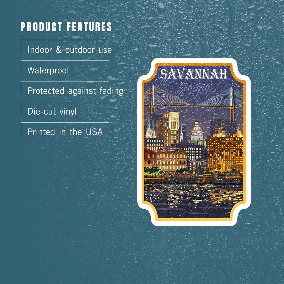 Savannah, Georgia, City at Night, Contour, Lantern Press Artwork, Vinyl Sticker Sticker Lantern Press