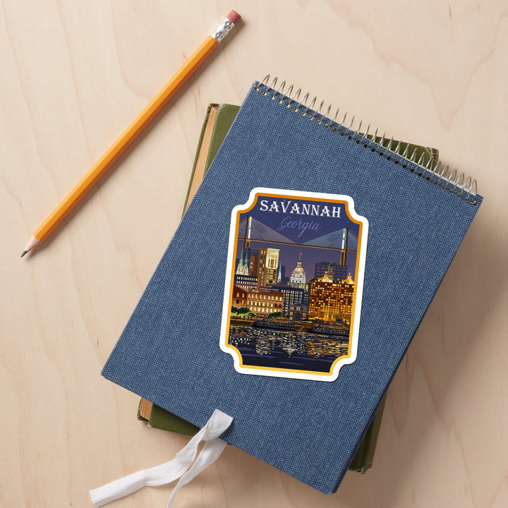 Savannah, Georgia, City at Night, Contour, Lantern Press Artwork, Vinyl Sticker Sticker Lantern Press