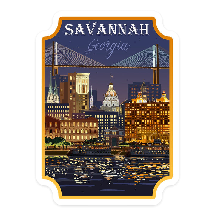 Savannah, Georgia, City at Night, Contour, Lantern Press Artwork, Vinyl Sticker Sticker Lantern Press