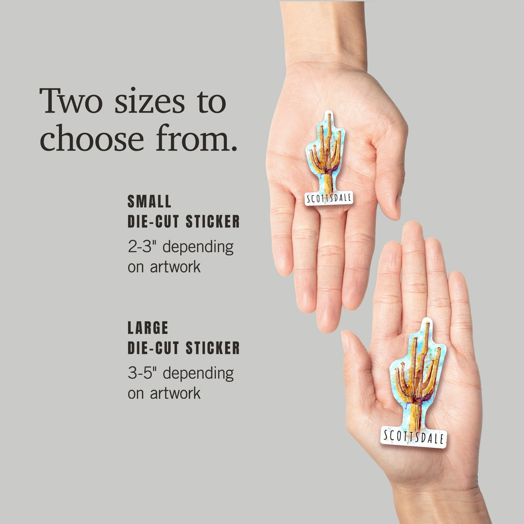 Scottsdale, Arizona, Saguaro Cactus, Watercolor, Contour, Lantern Press Artwork, Vinyl Sticker Sticker Lantern Press