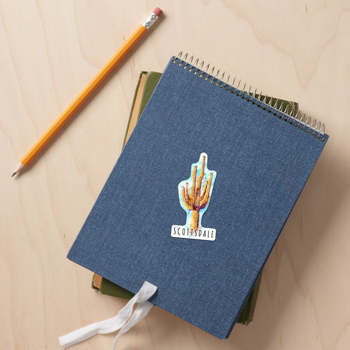 Scottsdale, Arizona, Saguaro Cactus, Watercolor, Contour, Lantern Press Artwork, Vinyl Sticker Sticker Lantern Press