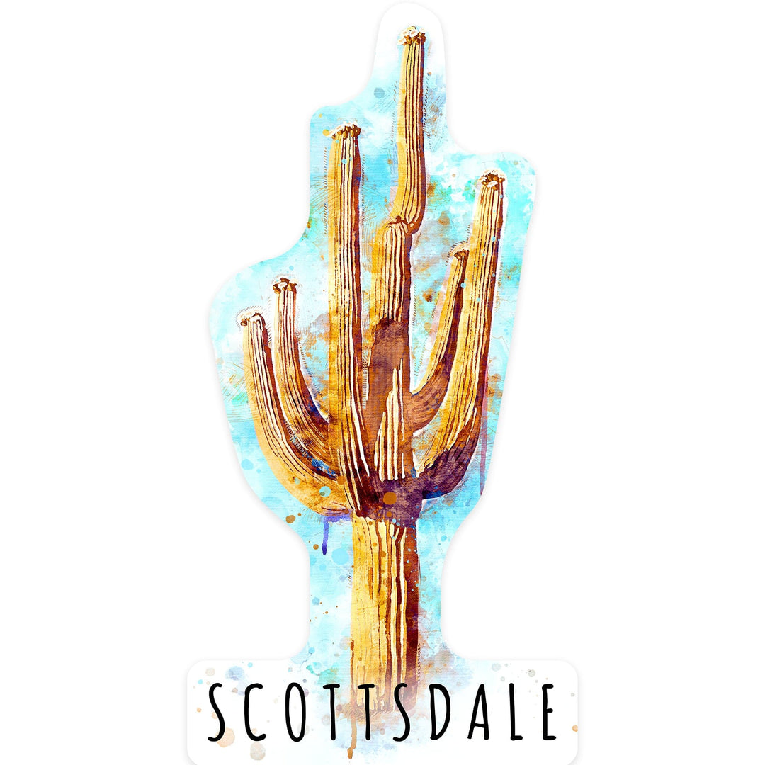 Scottsdale, Arizona, Saguaro Cactus, Watercolor, Contour, Lantern Press Artwork, Vinyl Sticker Sticker Lantern Press