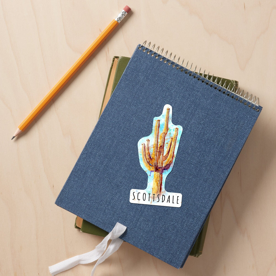 Scottsdale, Arizona, Saguaro Cactus, Watercolor, Contour, Lantern Press Artwork, Vinyl Sticker Sticker Lantern Press
