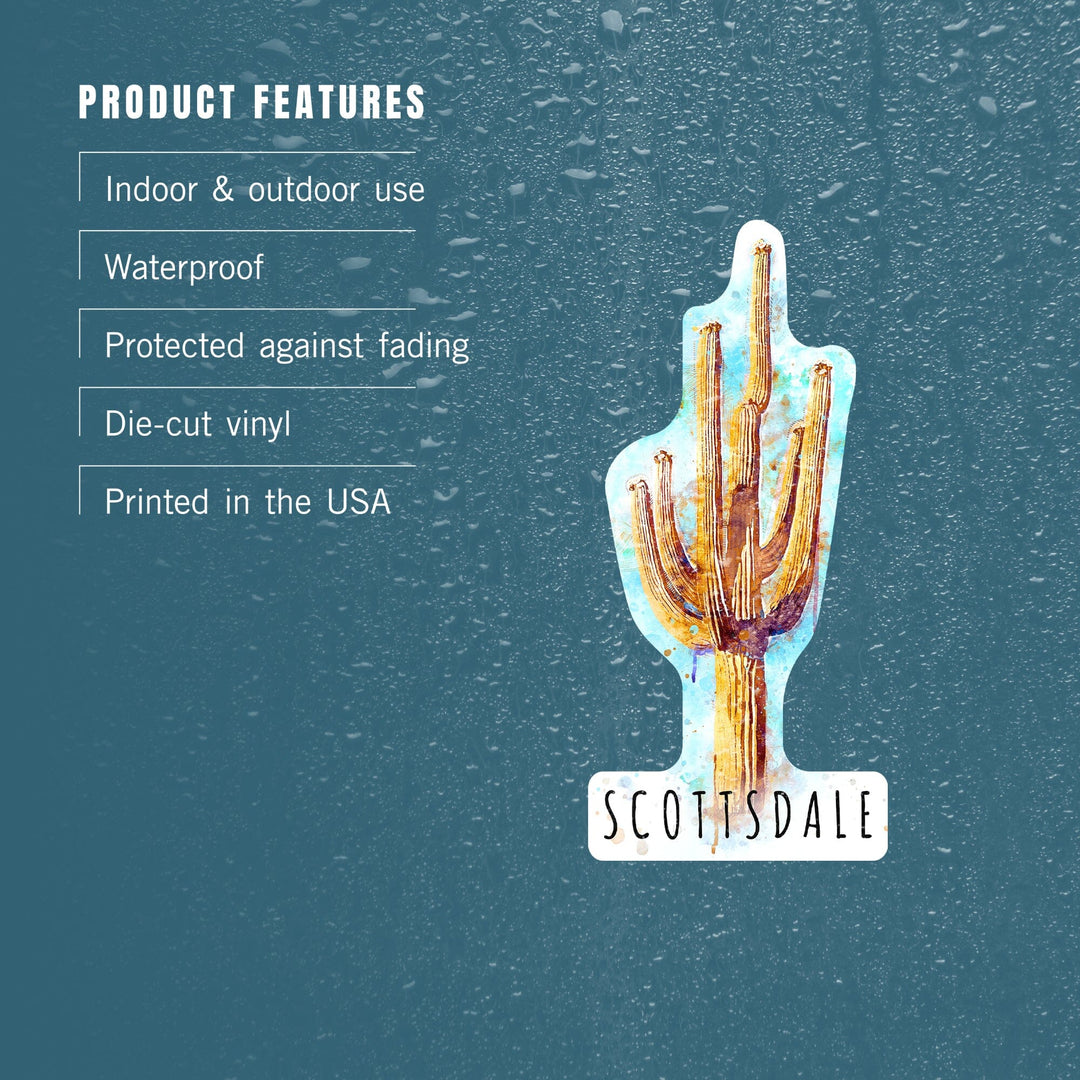 Scottsdale, Arizona, Saguaro Cactus, Watercolor, Contour, Lantern Press Artwork, Vinyl Sticker Sticker Lantern Press