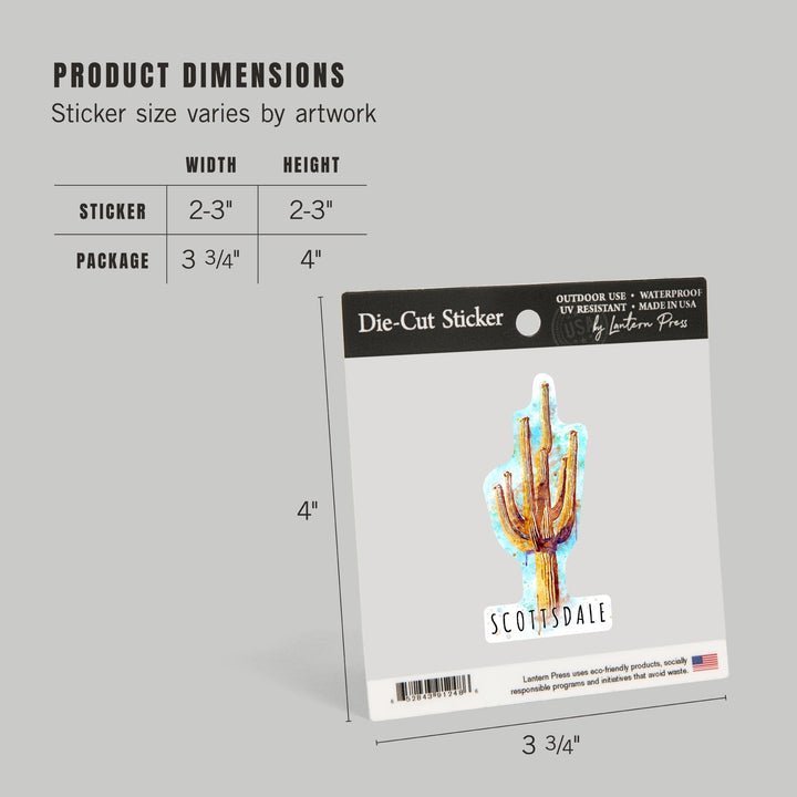 Scottsdale, Arizona, Saguaro Cactus, Watercolor, Contour, Lantern Press Artwork, Vinyl Sticker Sticker Lantern Press