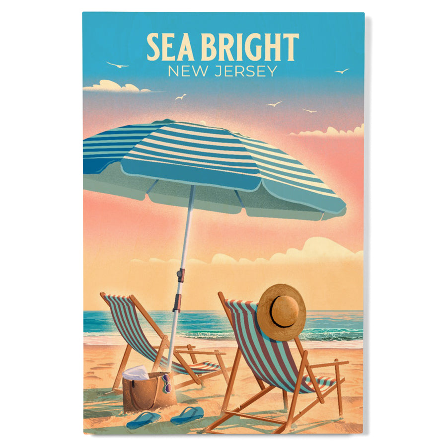 Sea Bright, New Jersey, Lithograph, Beach Chair and Umbrella, Wood Signs and Postcards Wood Lantern Press