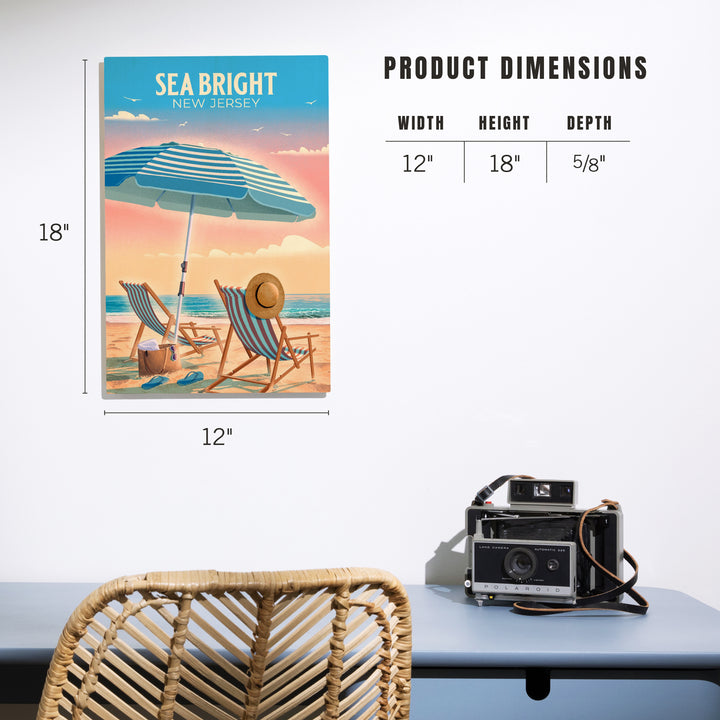Sea Bright, New Jersey, Lithograph, Beach Chair and Umbrella, Wood Signs and Postcards Wood Lantern Press