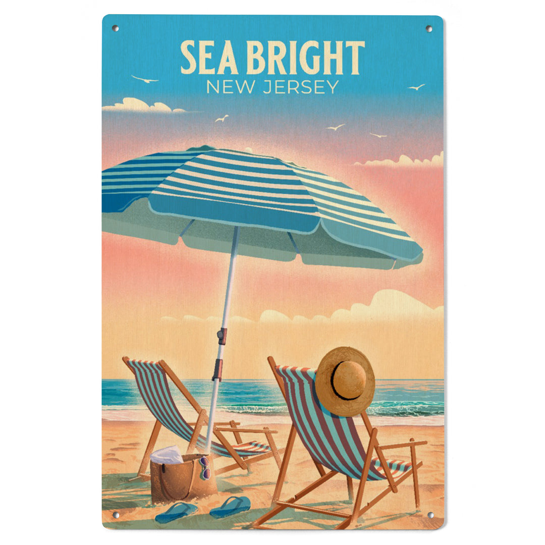 Sea Bright, New Jersey, Lithograph, Beach Chair and Umbrella, Wood Signs and Postcards Wood Lantern Press