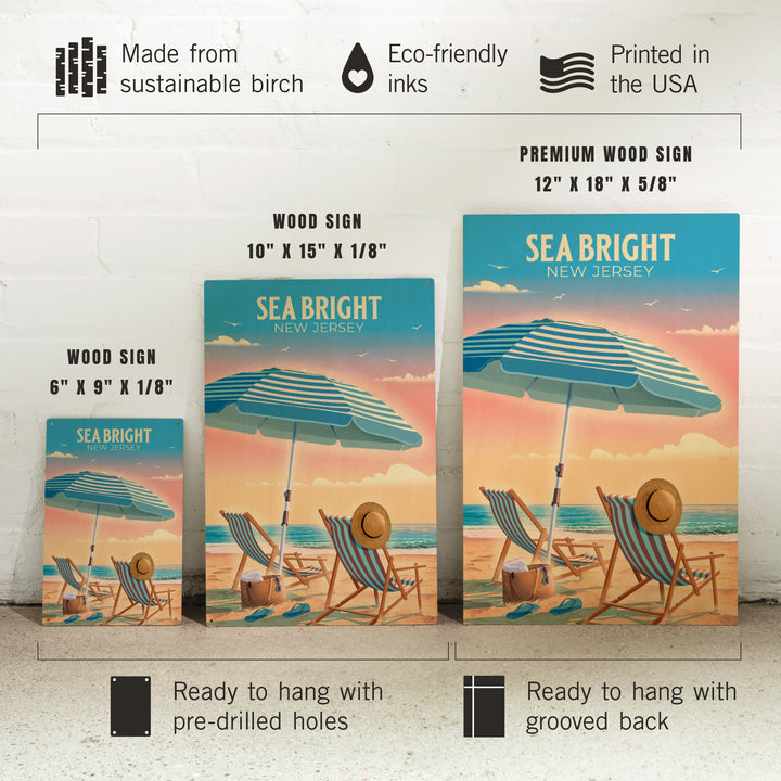 Sea Bright, New Jersey, Lithograph, Beach Chair and Umbrella, Wood Signs and Postcards Wood Lantern Press