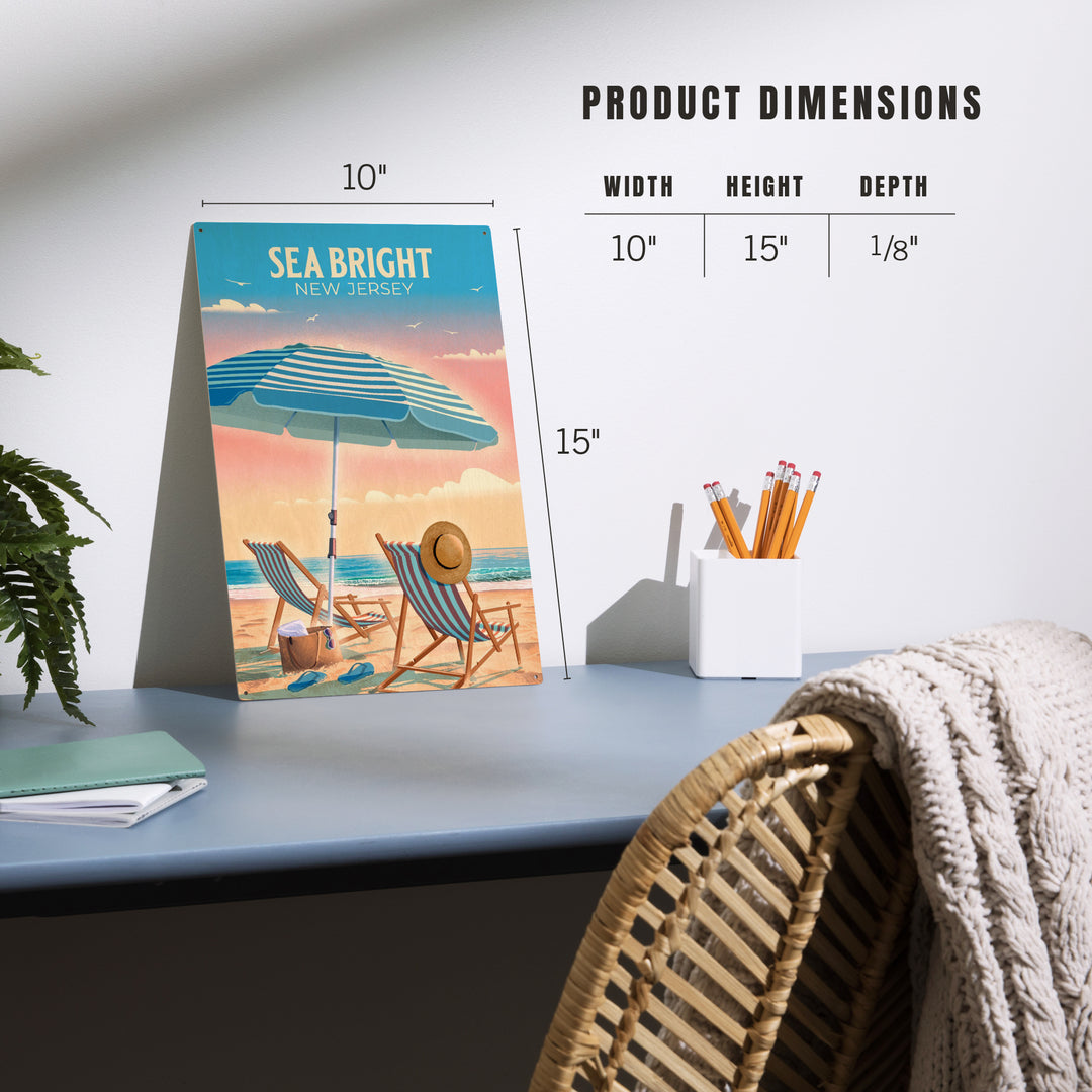 Sea Bright, New Jersey, Lithograph, Beach Chair and Umbrella, Wood Signs and Postcards Wood Lantern Press