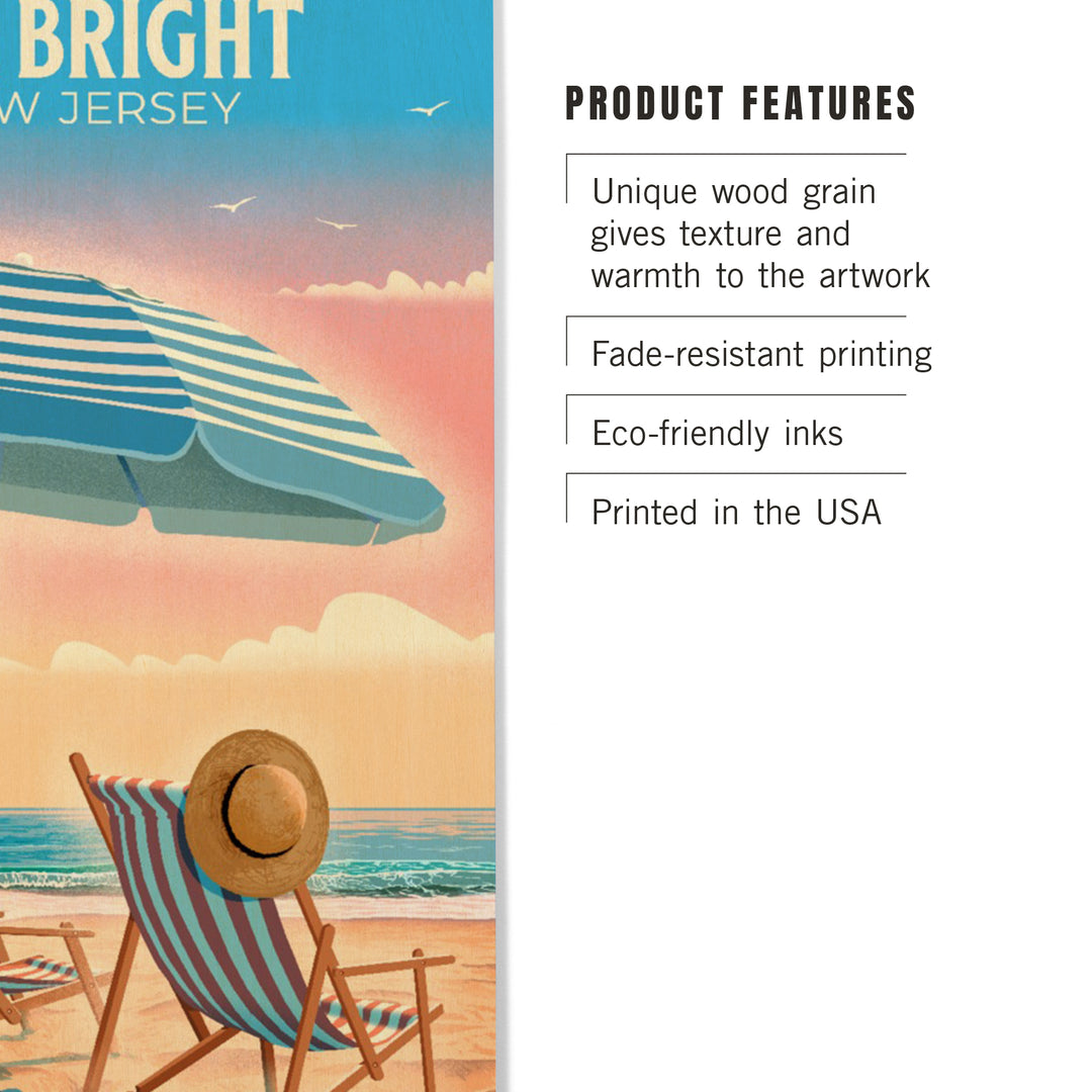 Sea Bright, New Jersey, Lithograph, Beach Chair and Umbrella, Wood Signs and Postcards Wood Lantern Press