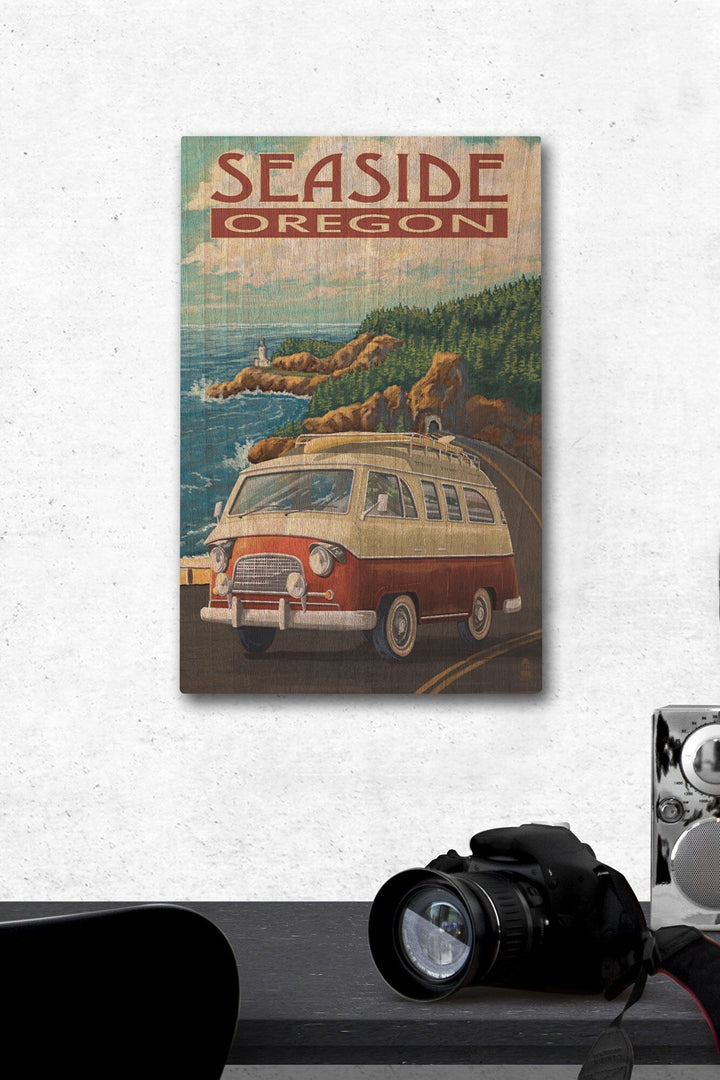 Seaside, Oregon, Camper Van, Lantern Press Artwork, Wood Signs and Postcards Wood Lantern Press 12 x 18 Wood Gallery Print