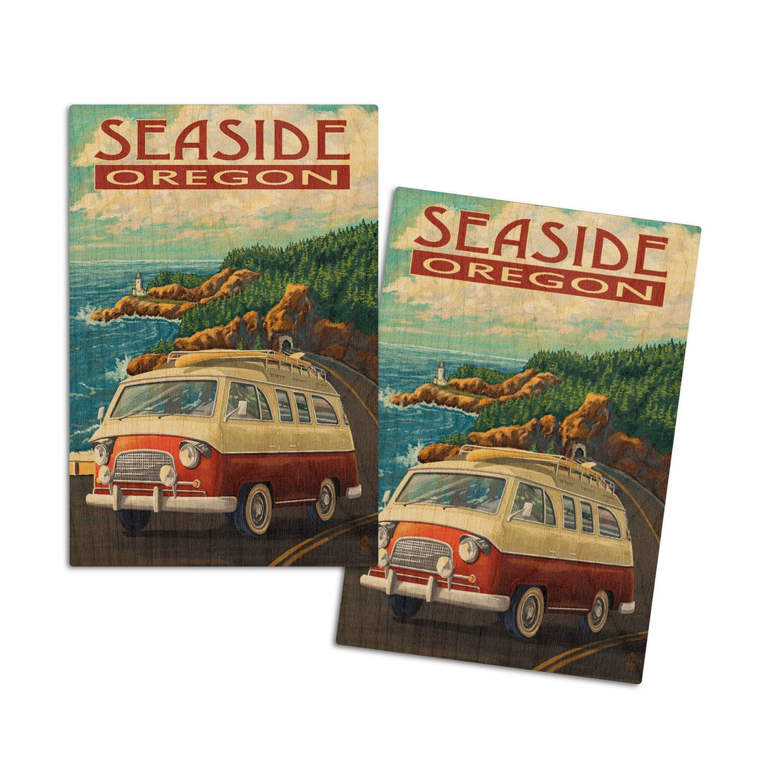 Seaside, Oregon, Camper Van, Lantern Press Artwork, Wood Signs and Postcards Wood Lantern Press 4x6 Wood Postcard Set