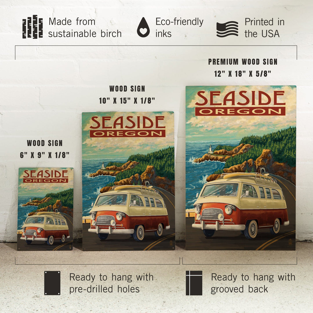Seaside, Oregon, Camper Van, Lantern Press Artwork, Wood Signs and Postcards Wood Lantern Press