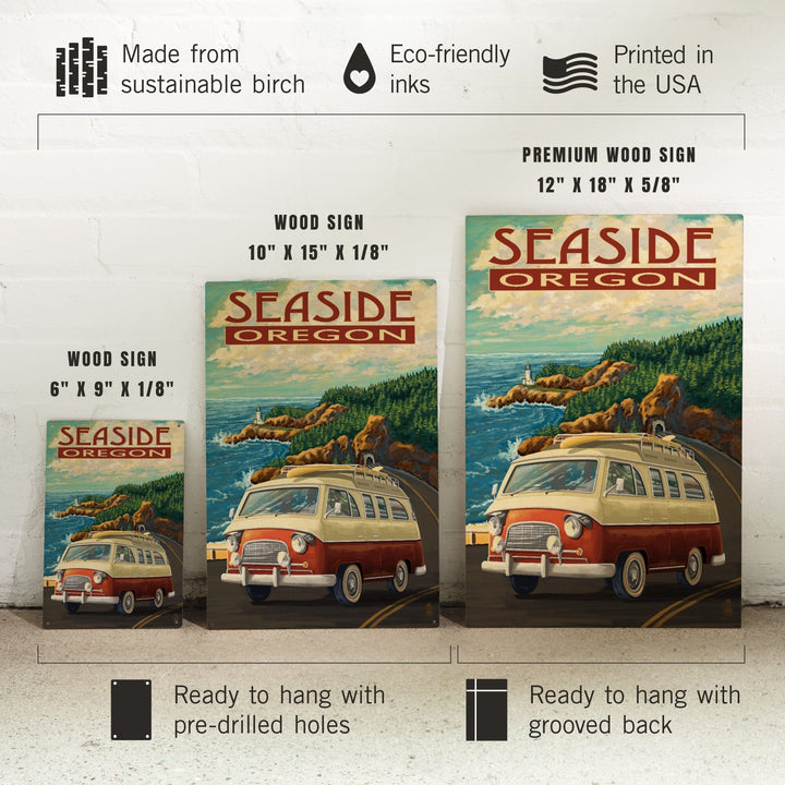 Seaside, Oregon, Camper Van, Lantern Press Artwork, Wood Signs and Postcards Wood Lantern Press