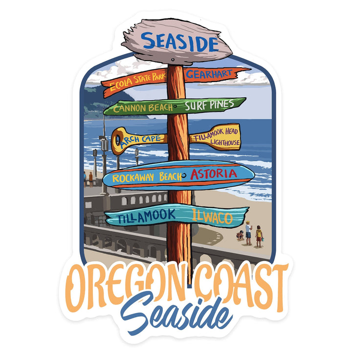 Seaside, Oregon, Destination Signpost, Contour, Lantern Press Artwork, Vinyl Sticker Sticker Lantern Press