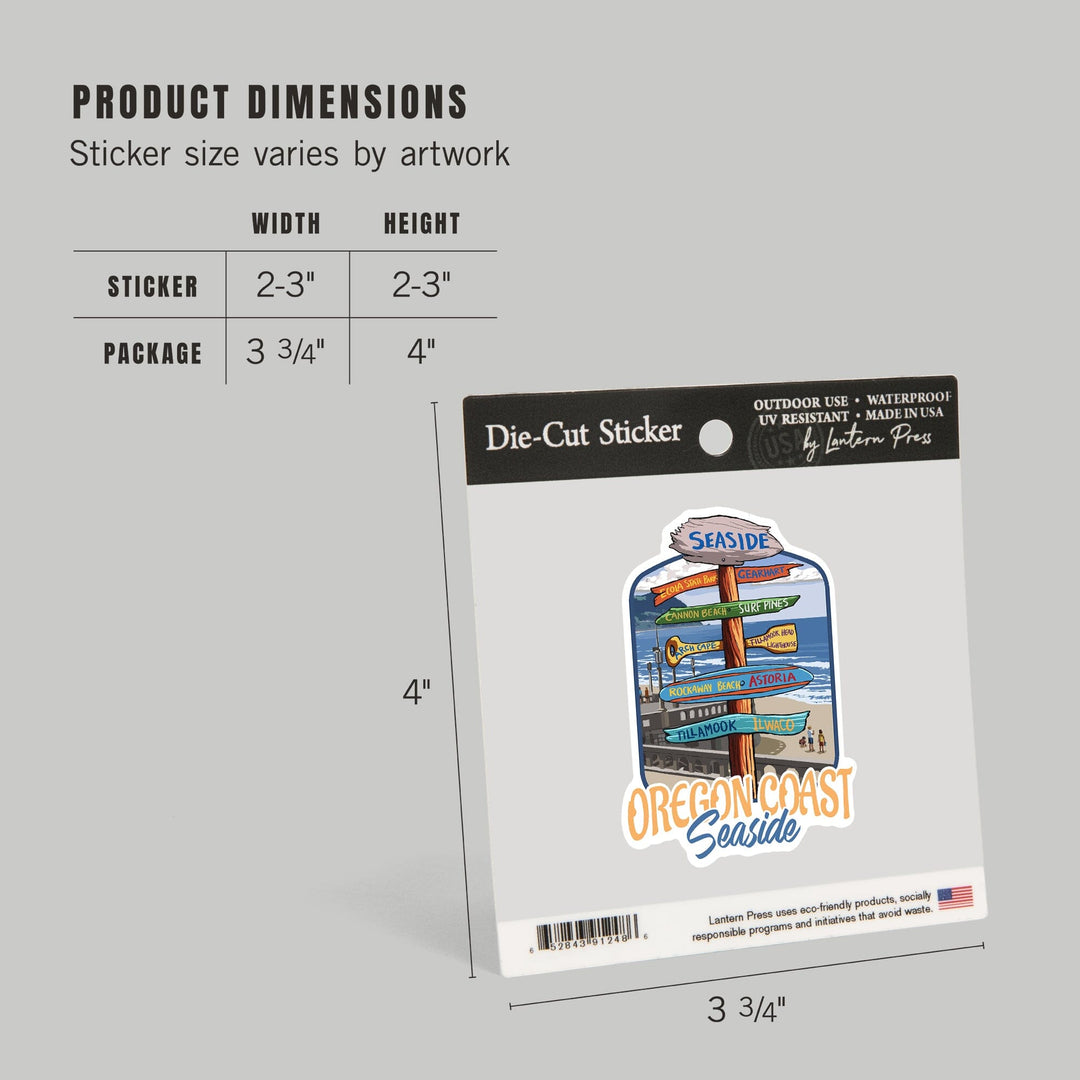 Seaside, Oregon, Destination Signpost, Contour, Lantern Press Artwork, Vinyl Sticker Sticker Lantern Press
