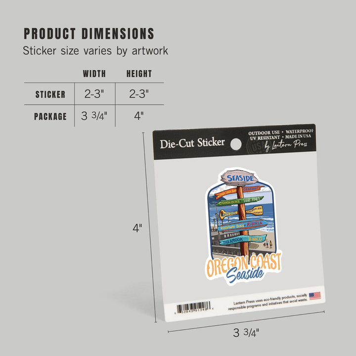 Seaside, Oregon, Destination Signpost, Contour, Lantern Press Artwork, Vinyl Sticker Sticker Lantern Press