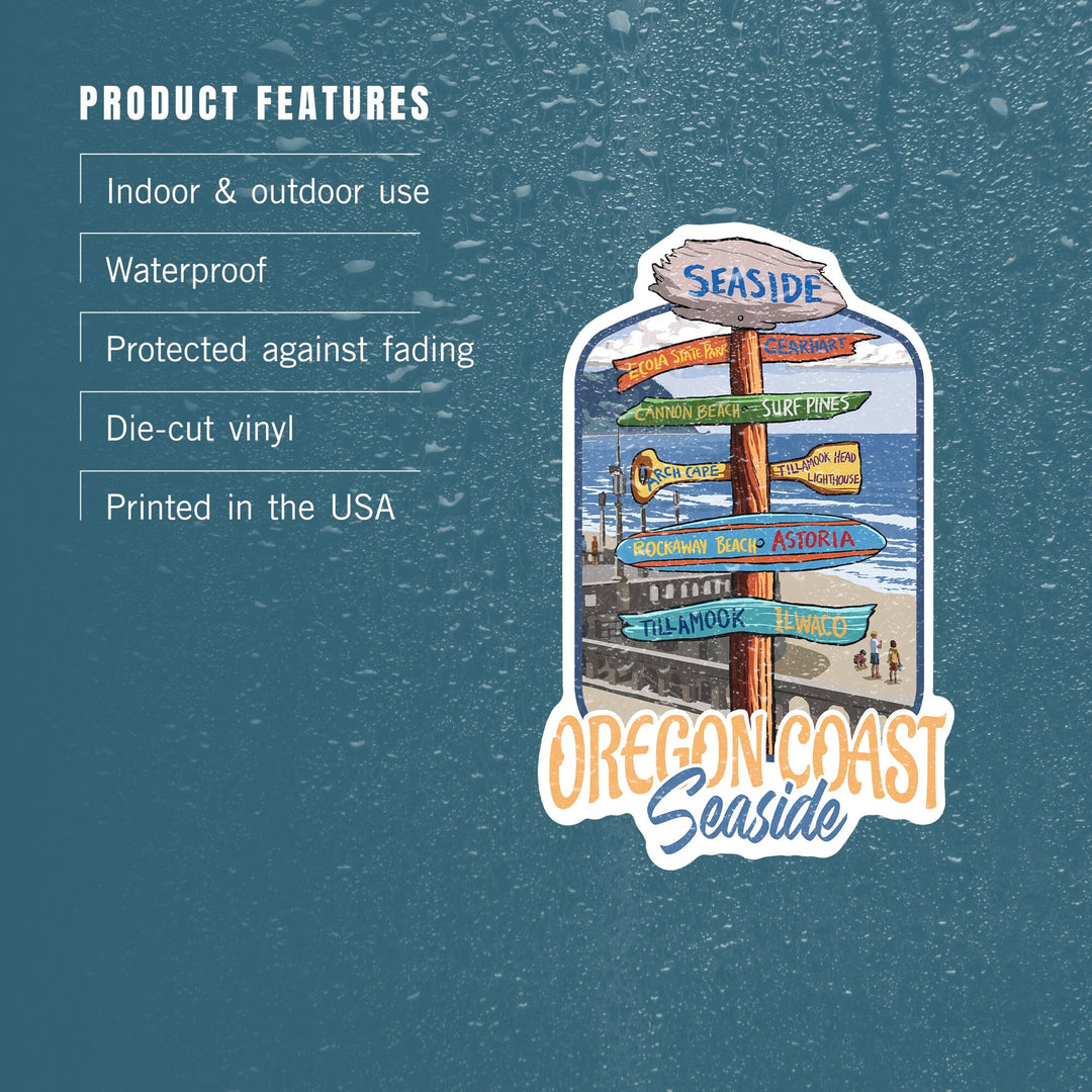 Seaside, Oregon, Destination Signpost, Contour, Lantern Press Artwork, Vinyl Sticker Sticker Lantern Press