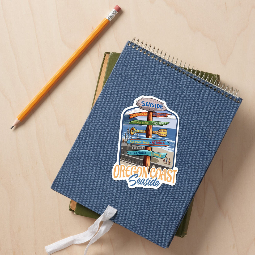 Seaside, Oregon, Destination Signpost, Contour, Lantern Press Artwork, Vinyl Sticker Sticker Lantern Press