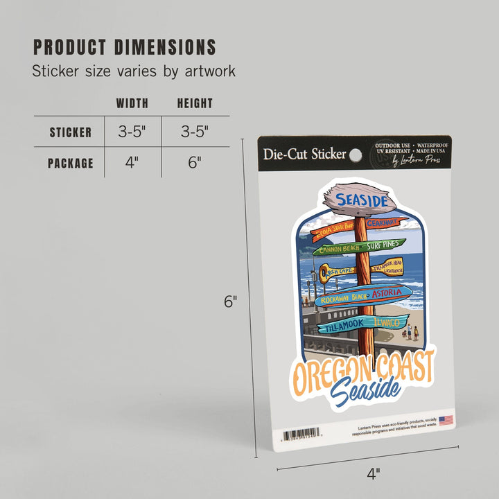 Seaside, Oregon, Destination Signpost, Contour, Lantern Press Artwork, Vinyl Sticker Sticker Lantern Press