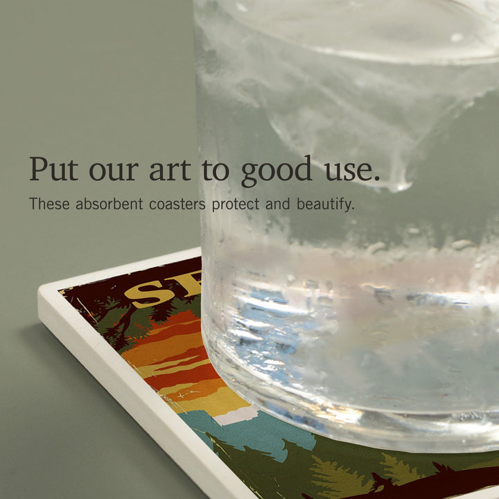 Seattle Skyline, Bigfoot, WPA Style, Coasters Coasters Lantern Press