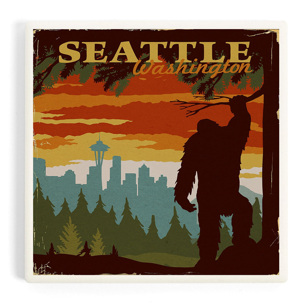 Seattle Skyline, Bigfoot, WPA Style, Coasters Coasters Lantern Press