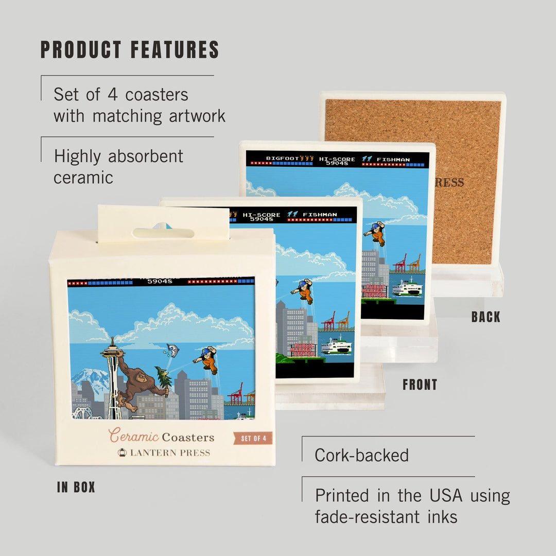 Seattle, Washington, 8-Bit Retro Video Game, Coasters Coasters Lantern Press