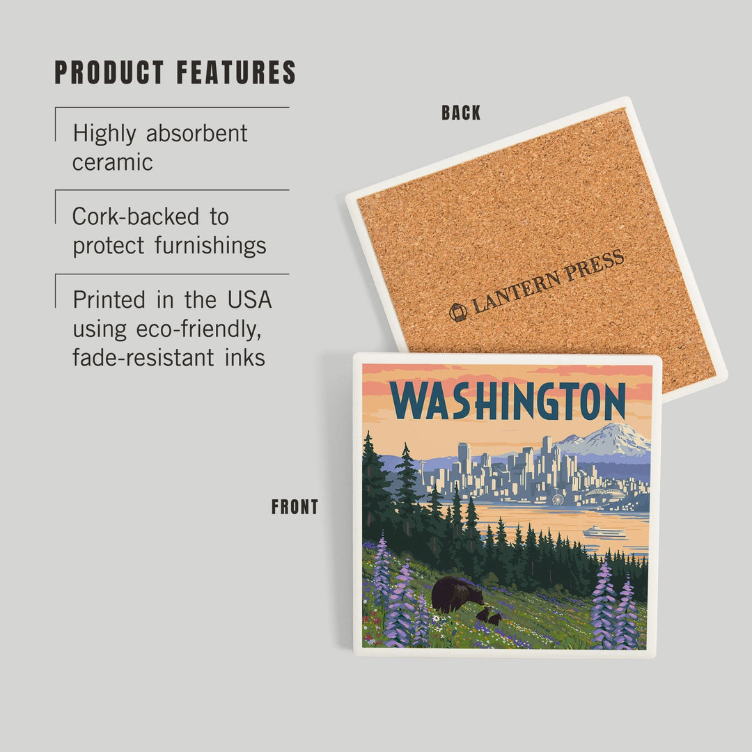 Seattle, Washington, Bear and Spring Flowers, Coasters Coasters Lantern Press