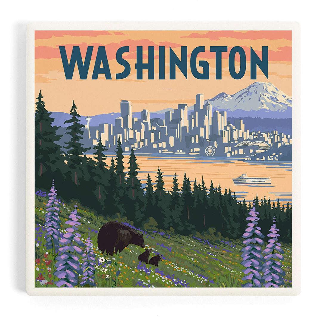 Seattle, Washington, Bear and Spring Flowers, Coasters Coasters Lantern Press
