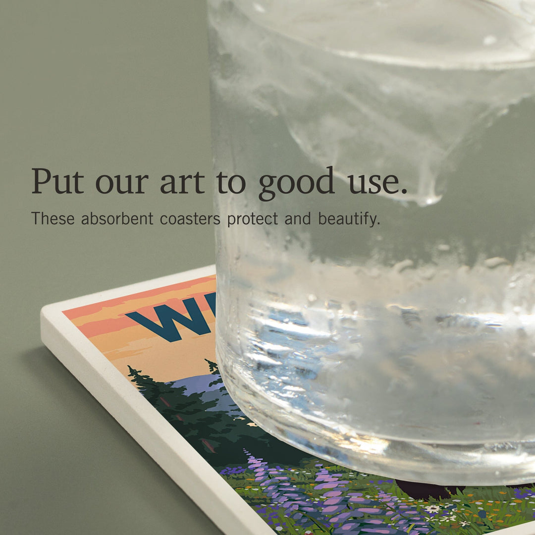 Seattle, Washington, Bear and Spring Flowers, Coasters Coasters Lantern Press