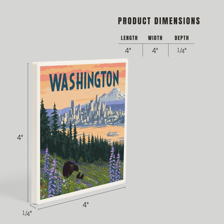 Seattle, Washington, Bear and Spring Flowers, Coasters Coasters Lantern Press